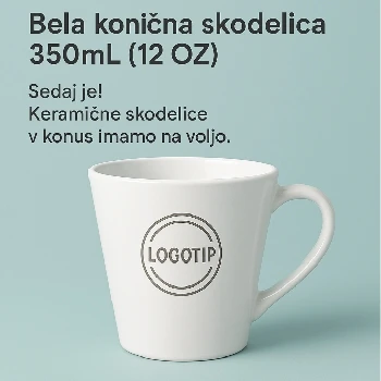white cone mug,bela konična skodelica,konična skodelica,bela konična skodelica, 350mL, 12 oz, ceneje, ugodno, prihranek, lokalno, Ljubljana, gravirana skodelica, keramična skodelica, promocijska darila, konus skodelice