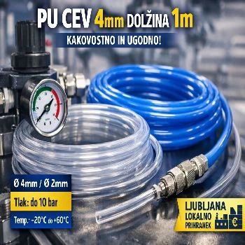 pnevmatska cev PU 4mm, poliuretanska cev zrak tekočine, pnevmatika cev 4mm ugodno, industrijska avtomatizacija cevi, pnevmatske cevi Ljubljana lokalno, cev za kompresor 4mm prihranek