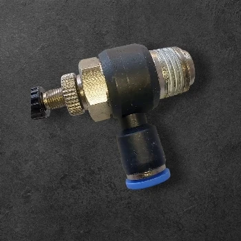 dušilka pnevmatska 4mm, 1/4 G moški priklop, regulator pretoka, ceneje, ugodno, prihranek, lokalno, ljubljana, GMP, HACCP, inox pnevmatika, POM plastika, pnevmatski sistem, industrijska avtomatizacija