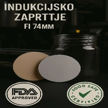 folija za indukcijsko varjenje, fi 74mm, stekleni kozarci, ceneje, ugodno, prihranek, lokalno, Ljubljana, prehranski dodatki, certifikat za stik z živili, aluminijasta folija, inovativna embalaža, podjetniški prihranek