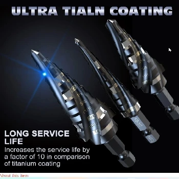 M35 Cobalt HSS, Step Drill Bit, Spiral Flute, Impact Unibit, Tiain Coated, 1/4 Shank, High Speed Steel, Stainless Steel, Cobalt, Metal Sheet, Wood, Plastic, Aluminum Sheet, Copper, Industrial Automation, Custom Machine Building, Robotization