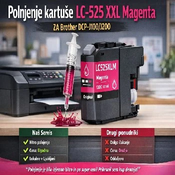 polnjenje LC525XLM magenta, polnjenje kartuše LC-525 XXL, Brother DCP-J100 kartuša, Brother DCP-J105 kartuša, Brother MFC-J200 kartuša, ceneje tiskanje, ugodno polnjenje kartuš, prihranek kartuše, lokalno Ljubljana polnjenje