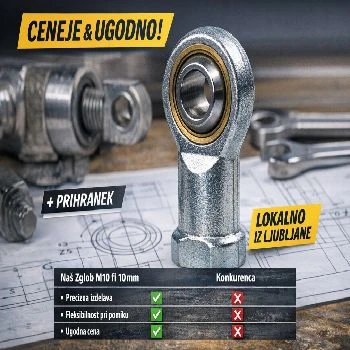 sferični zglob ženski navoj M10 fi 10mm, sferični zglob za batnico, zglob M10 10mm, ceneje ugodno prihranek, lokalno Ljubljana, zglob za stranske pritiske, fleksibilnost pri pomiku, zglob za pnevmatski cilinder