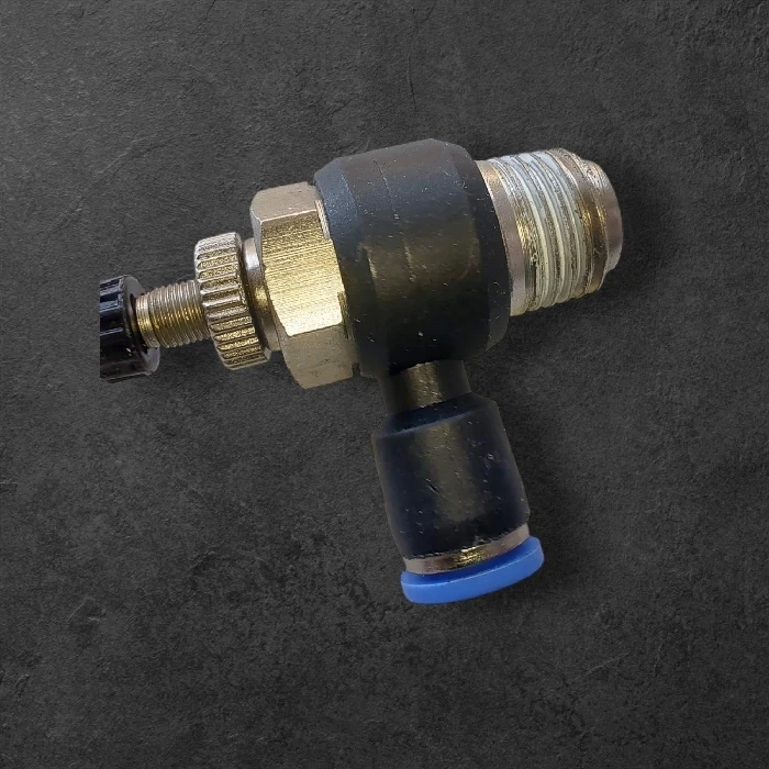 Dušilka pneumatska 4mm - 1/4 G moški priklop z regulatorjem, dušilka pnevmatska 4mm, 1/4 G moški priklop, regulator pretoka, ceneje, ugodno, prihranek, lokalno, ljubljana, GMP, HACCP, inox pnevmatika, POM plastika, pnevmatski sistem, industrijska avtomatizacija