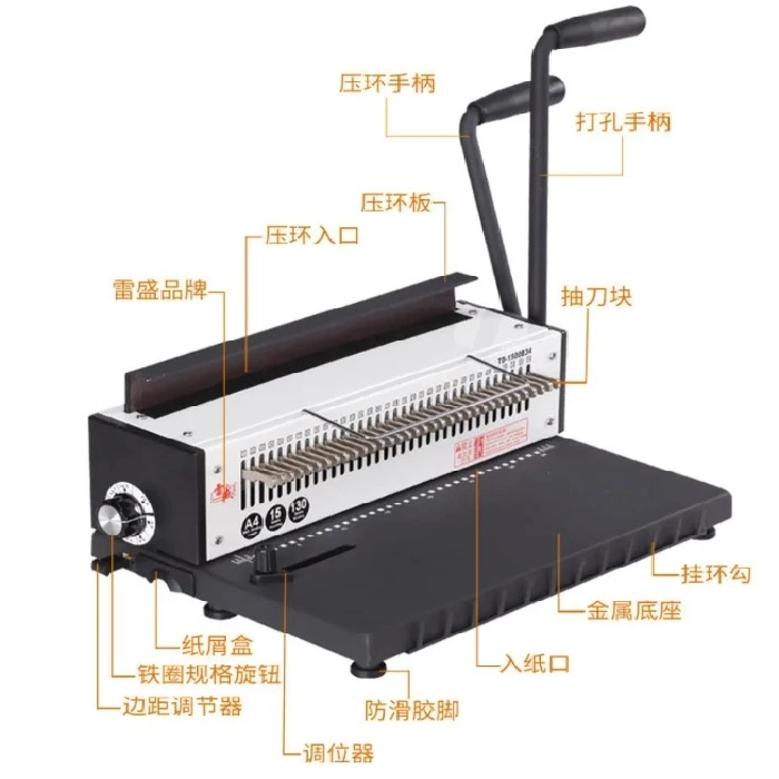 TD-1500B34 Stroj za ročno žično vezavo 34 lukenj do A4, TD-1500B34, Ročna Vezava, Žična Vezava, Jekleni Rezila, Tehnične Specifikacije, Sestavljanje, Naročilo, Metalna Struktura, Dvojni Ročaji, Regulator Roba, 34 Lukenj, Vertikalni Pritisk Obroča