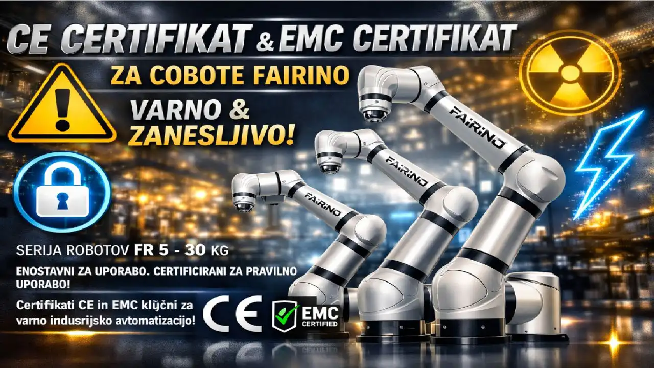 Certificirani coboti FAIRINO z CE in EMC zagotavljajo varno, stabilno in skladno avtomatizacijo proizvodnje za mala podjetja in inovatorje.,CE certifikat,EMC certifikat,coboti,avtomatizacija,industrijska robotika,varna uporaba,FAIRINO FR,certifikacija robotov,skladnost EU,varnost cobotov,integracija robotov,mala podjetja,inovacije