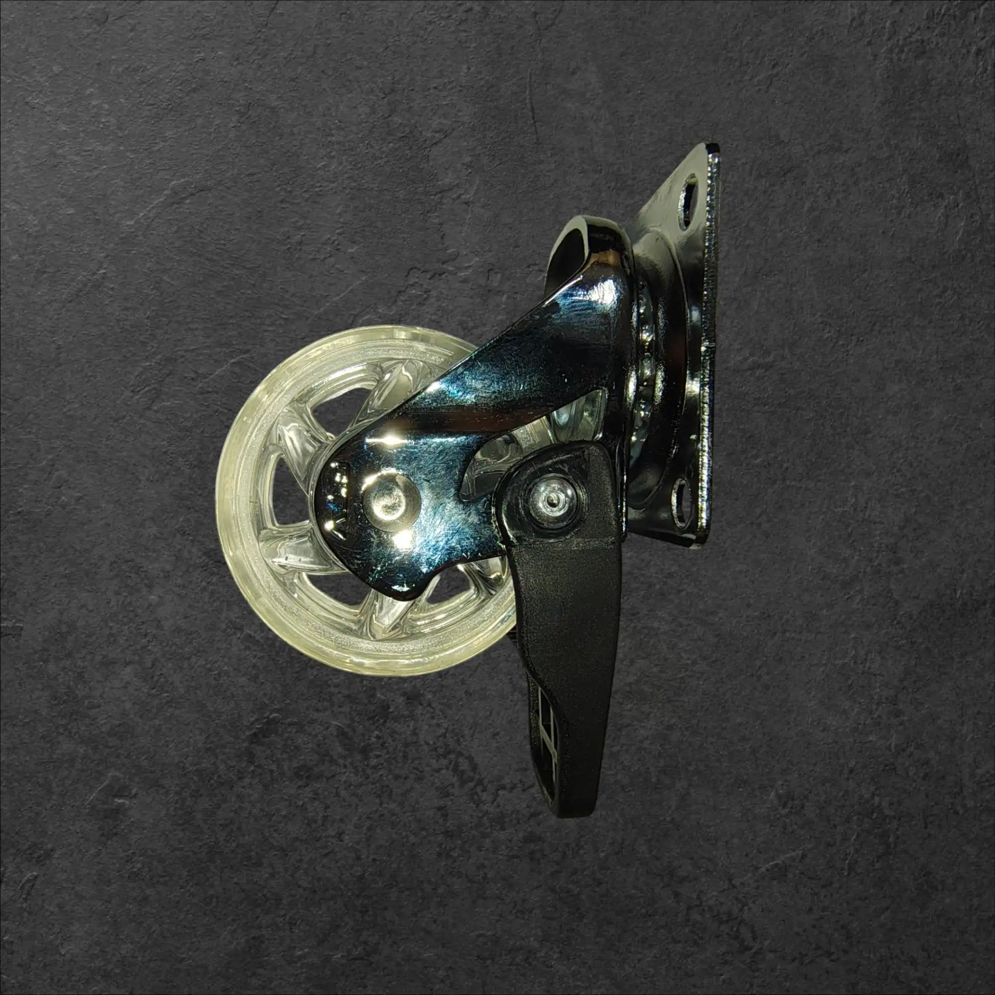 Vrtljiva kolesa 50mm prozorna guma chroma ohišje z zavoro, Vrtljiva kolesa 50mm, chrome kolesa, kolesa z zavoro, prozorna PU guma, kolesa za pohištvo, tiha kolesa, kolesa za pisarniške stole, izdelano v EU kolesa, trpežna kolesa